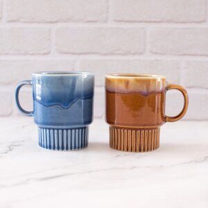 Set of 2 Vintage Stacking Mugs – Blue & Orange, Made in China